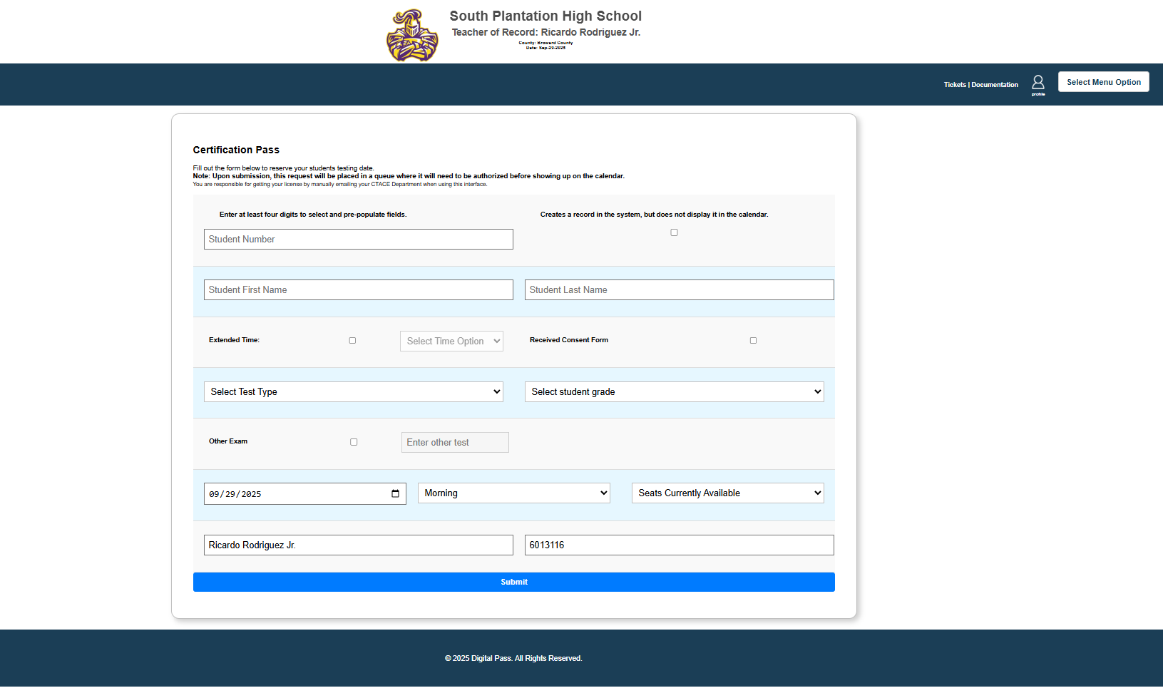 Detailed test scheduling interface with student lists, seat assignments, and approval workflow status