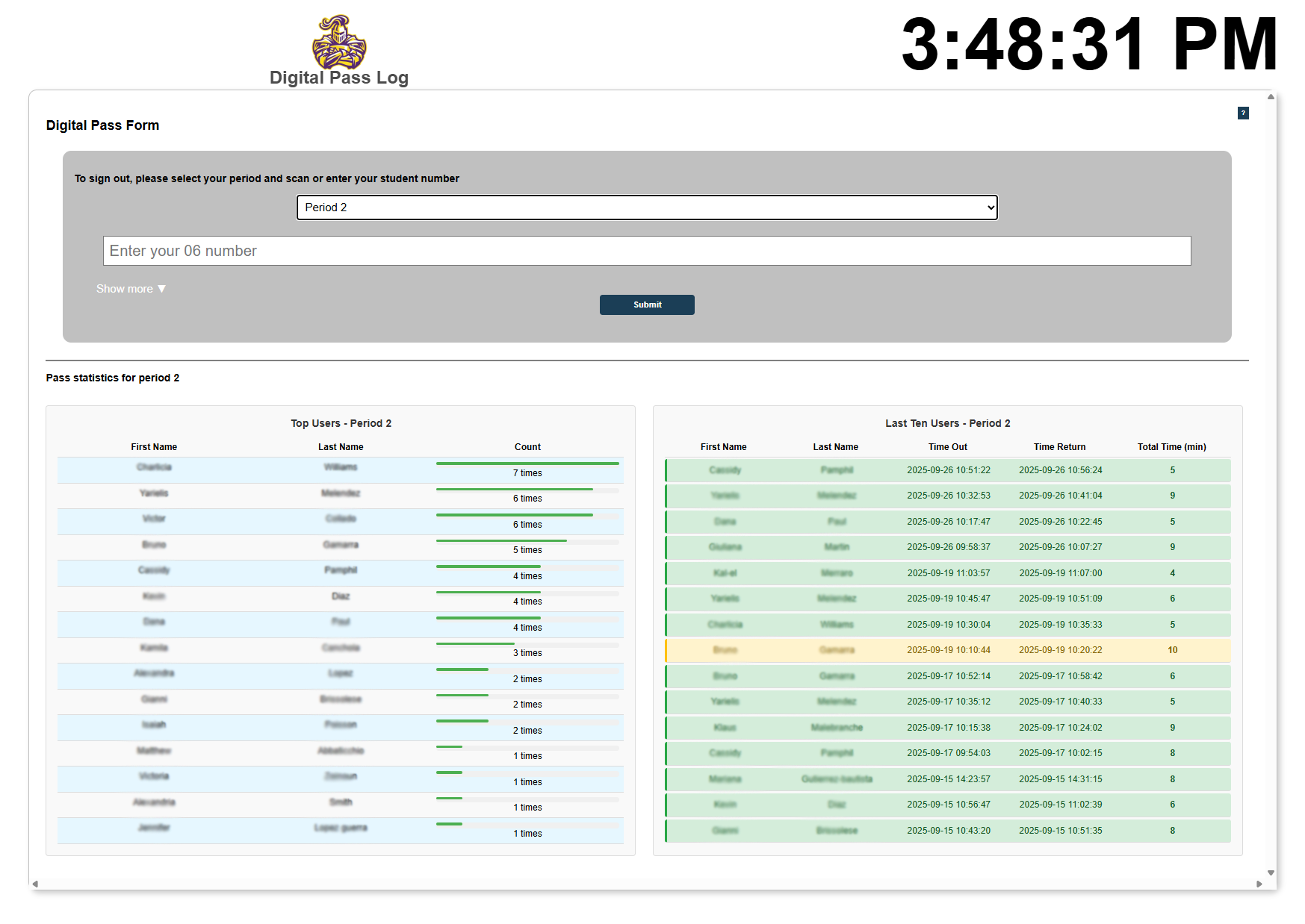 Student sign-out page with ID scanner input and automatic timing display