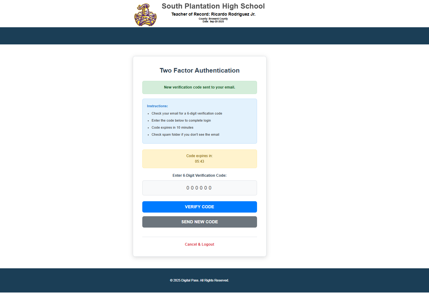 Two-factor authentication screen showing 6-digit verification code input