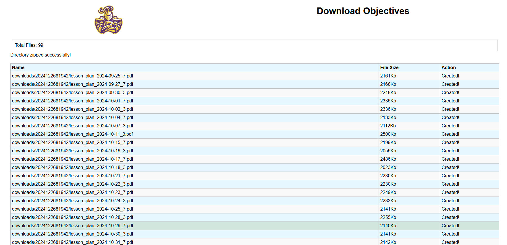 Lesson plan download interface showing date range selector and export options
